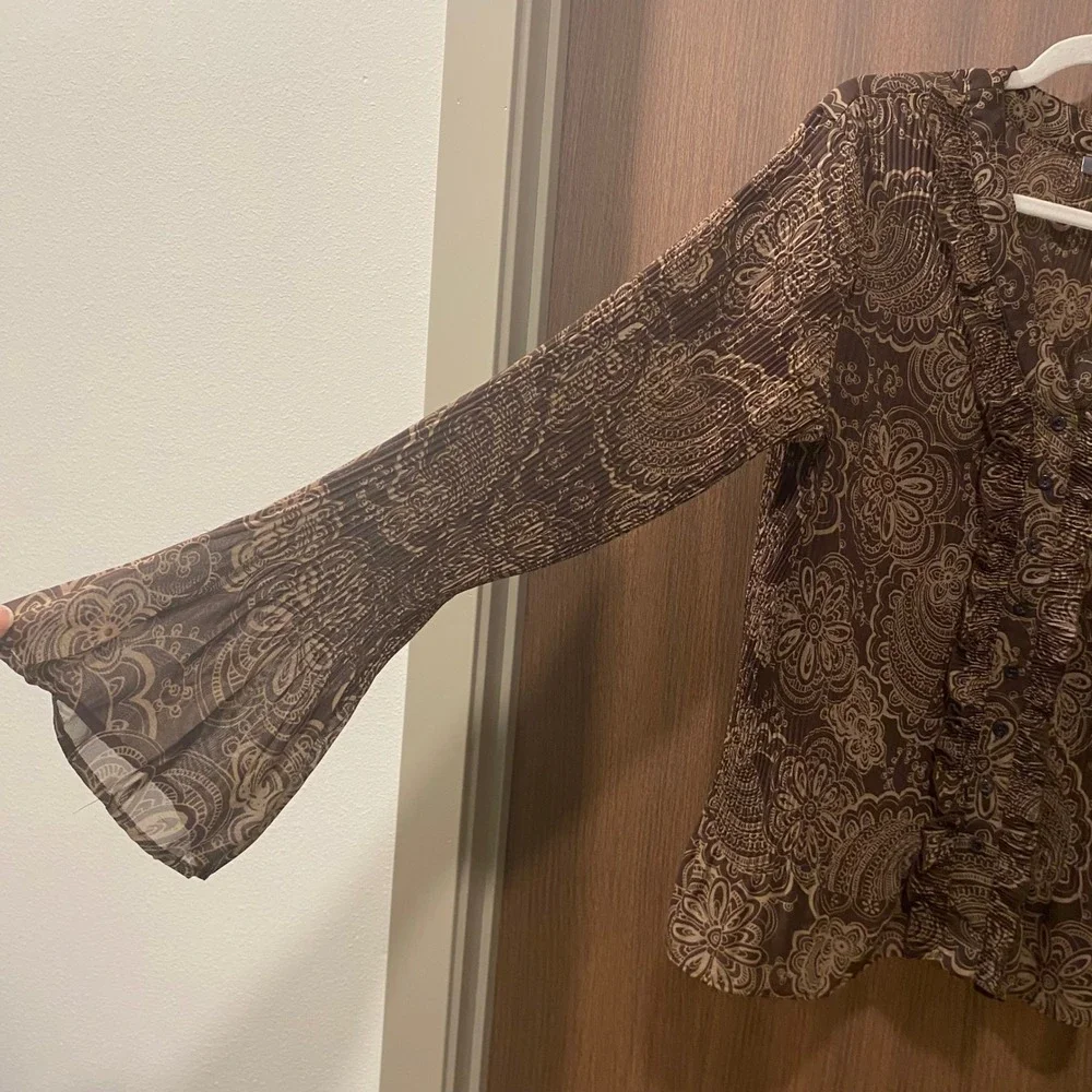 APT.9 Brown Floral Sheer Crinkle Blouse XL Ruffle Forest Fairy Grunge Goblincore - Picture 6 of 11